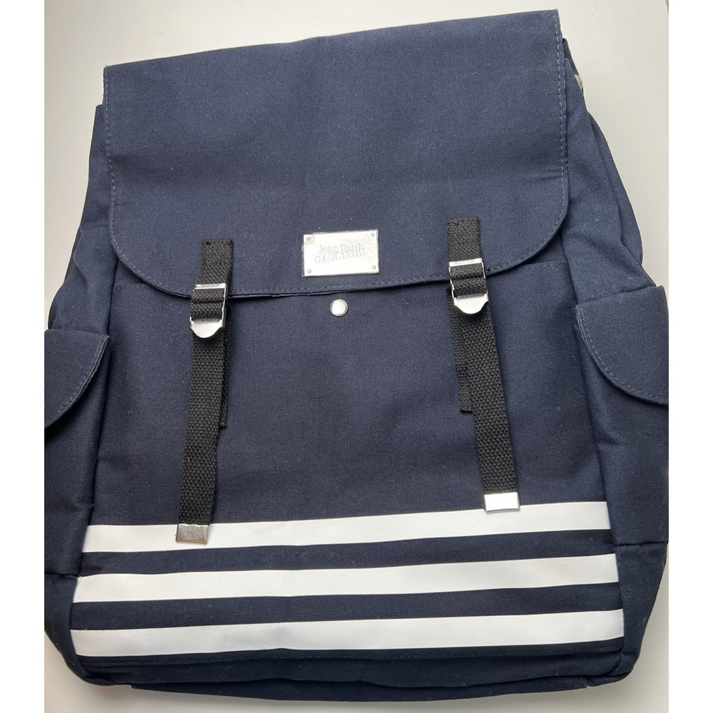 Jean Paul Gaultier Backpack Navy Blue White Stripe Travel Bag Nautical